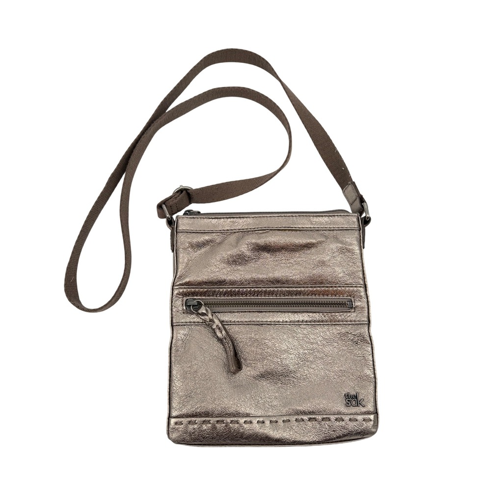 The Sak Metallic Pewter Leather Crossbody Bag Small Sling Purse